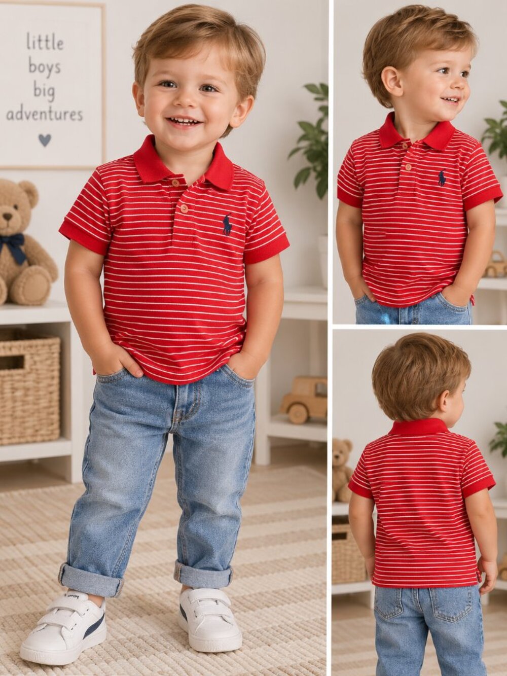 Polo Ralph Lauren Boys Red White Striped Polo Shirt Navy Pony Toddler